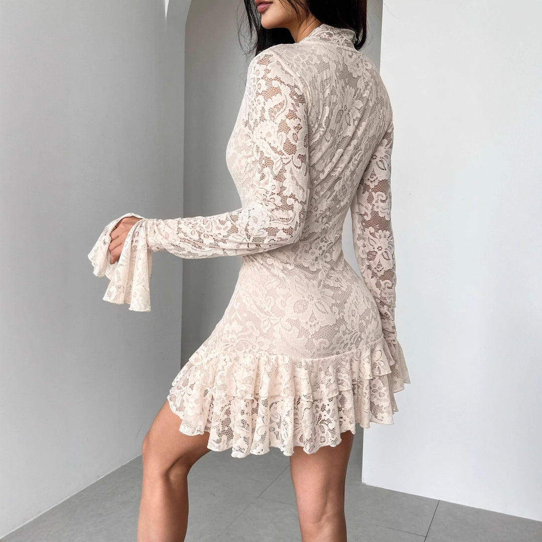 Women nan tailored lace mini dress with deep V-neck, trumpet sleeves and tiered ruffle Mune Fashion