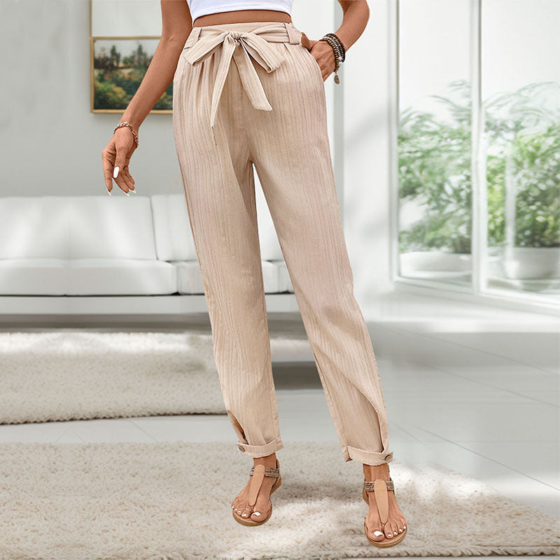 Women's Lightweight Paperbag Pants with Waist Tie, Straight Leg and Cuffed Hem Mune Fashion