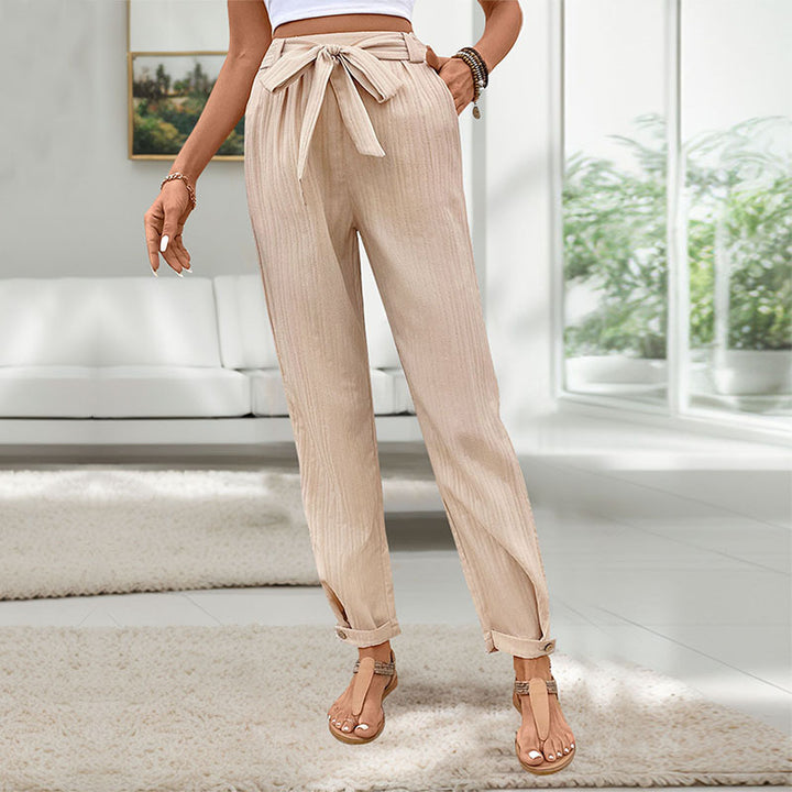 Women's Lightweight Paperbag Pants with Waist Tie, Straight Leg and Cuffed Hem Mune Fashion