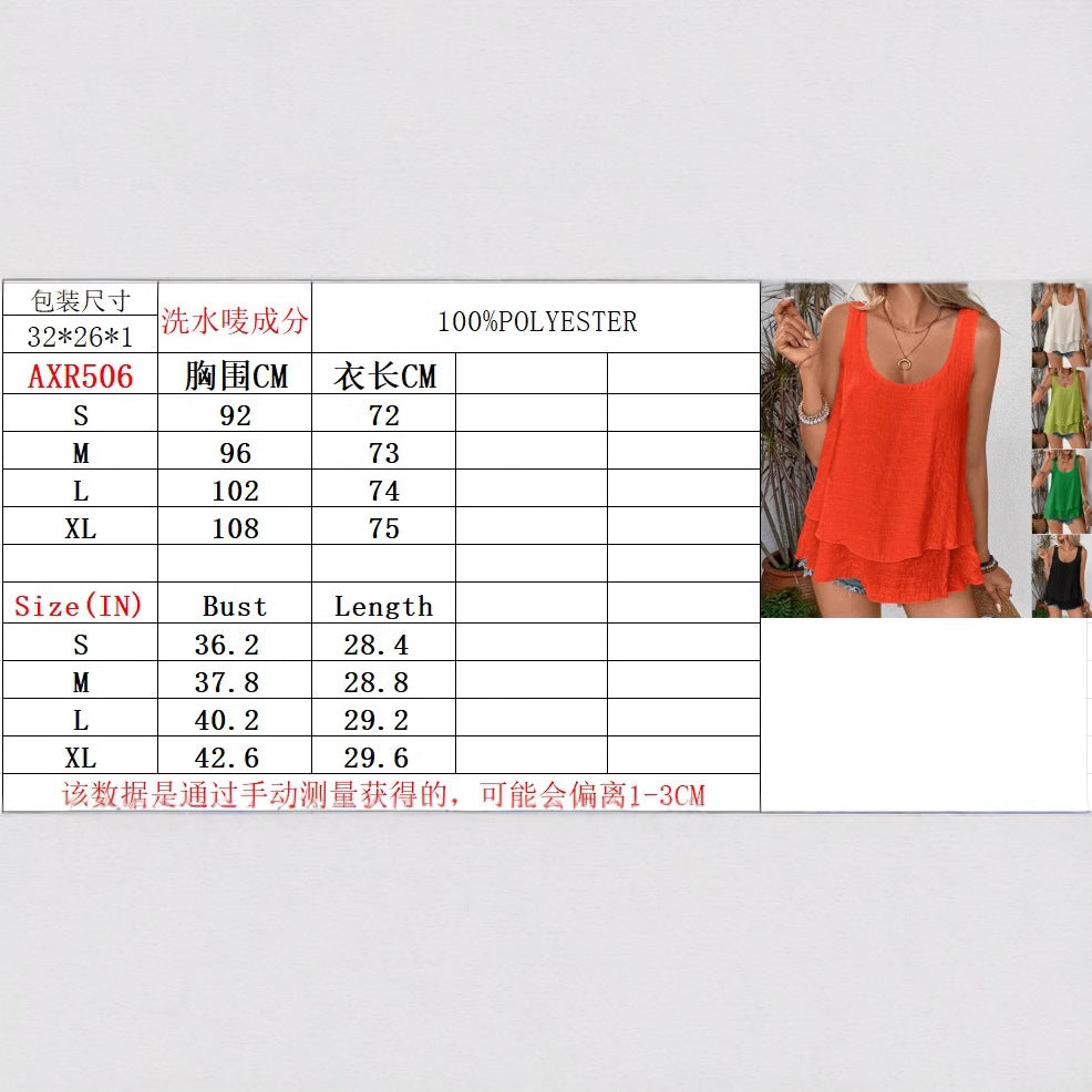Women's Casual Layered Linen Look Top with Wide Round Neckline Mune Fashion