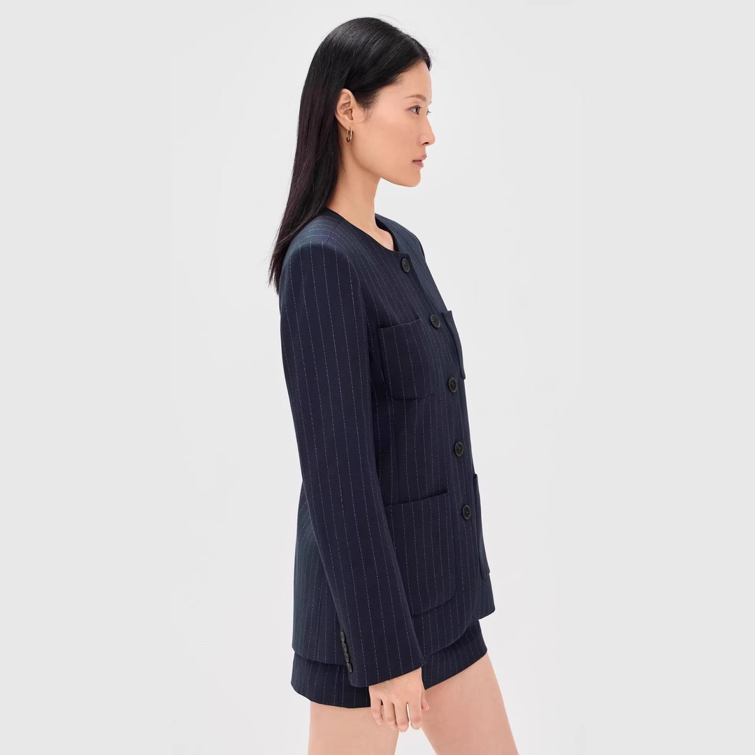 Women Two-Piece Pinstripe Tailoring Set with Collarless Blazer and High-Cut Mini Skirt Mune Fashion