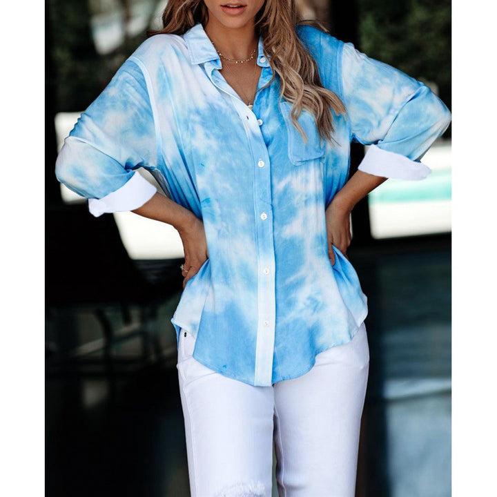 Women's Loose Tie-Dye Button-Up Top with Chest Pocket and Roll-Up Sleeves Mune Fashion