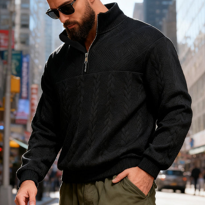 Men's textured half-zip knitted sweater with cable pattern and high stand-up collar Mune Fashion
