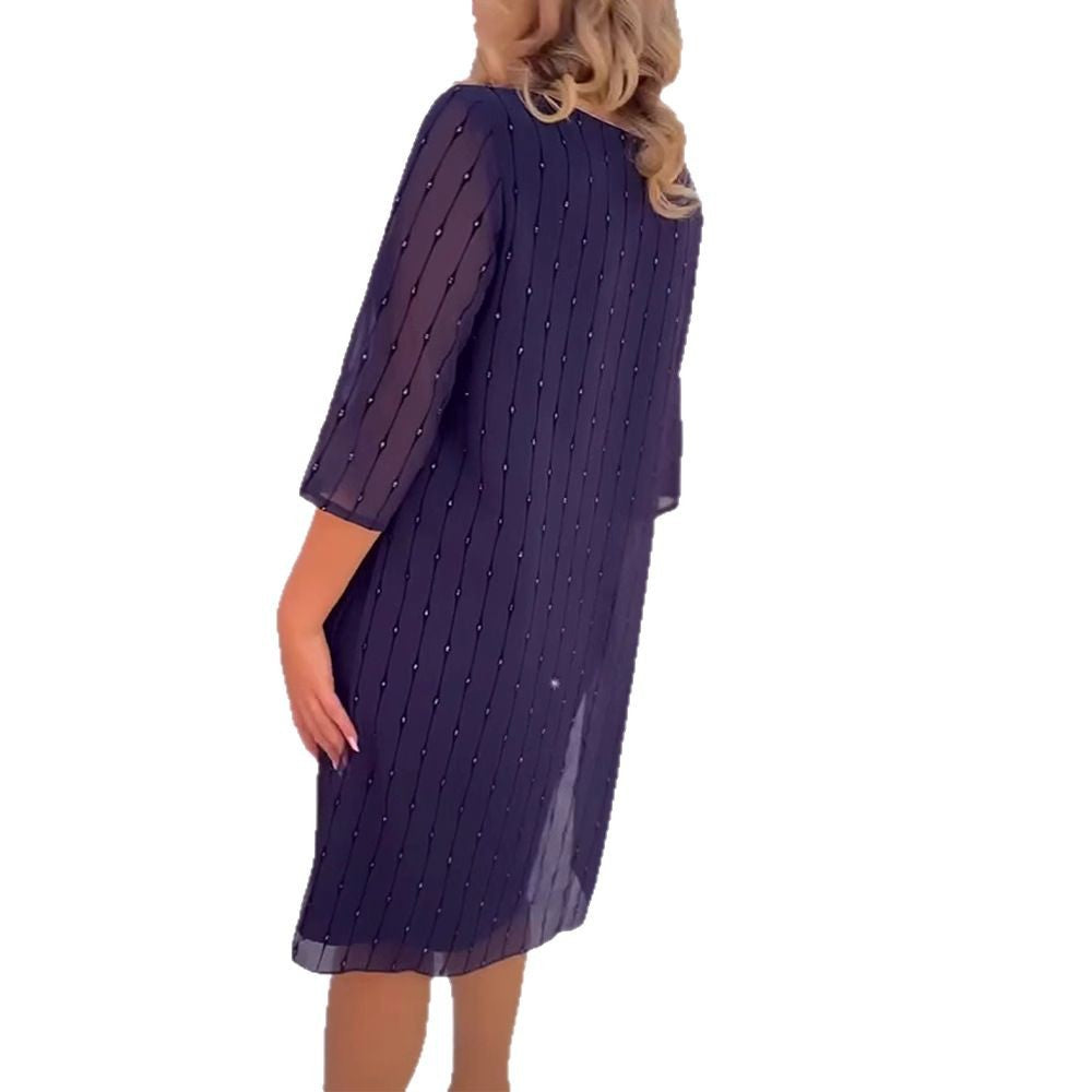 Ladies elegant chiffon midi dress with vertical sequin and bead appliqué as well as transparent three-quarter sleeves Mune Fashion