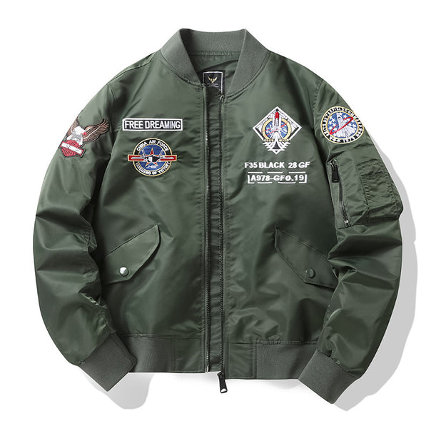 Men's pilot bomber jacket in aviator style with badge patch and arm pocket Mune Fashion