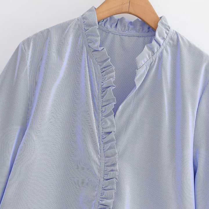 Women Ruffled Blouse with V-Neck and Balloon Sleeves Mune Fashion