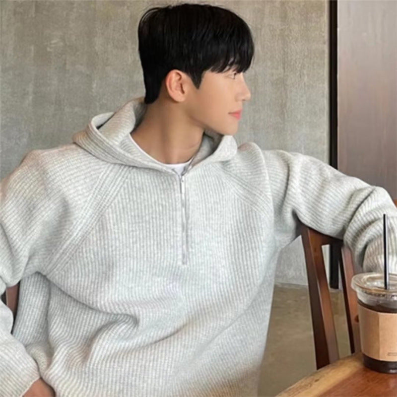 Men's Oversized Knit Half-Zip Hoodie with Ribbed Structure Mune Fashion