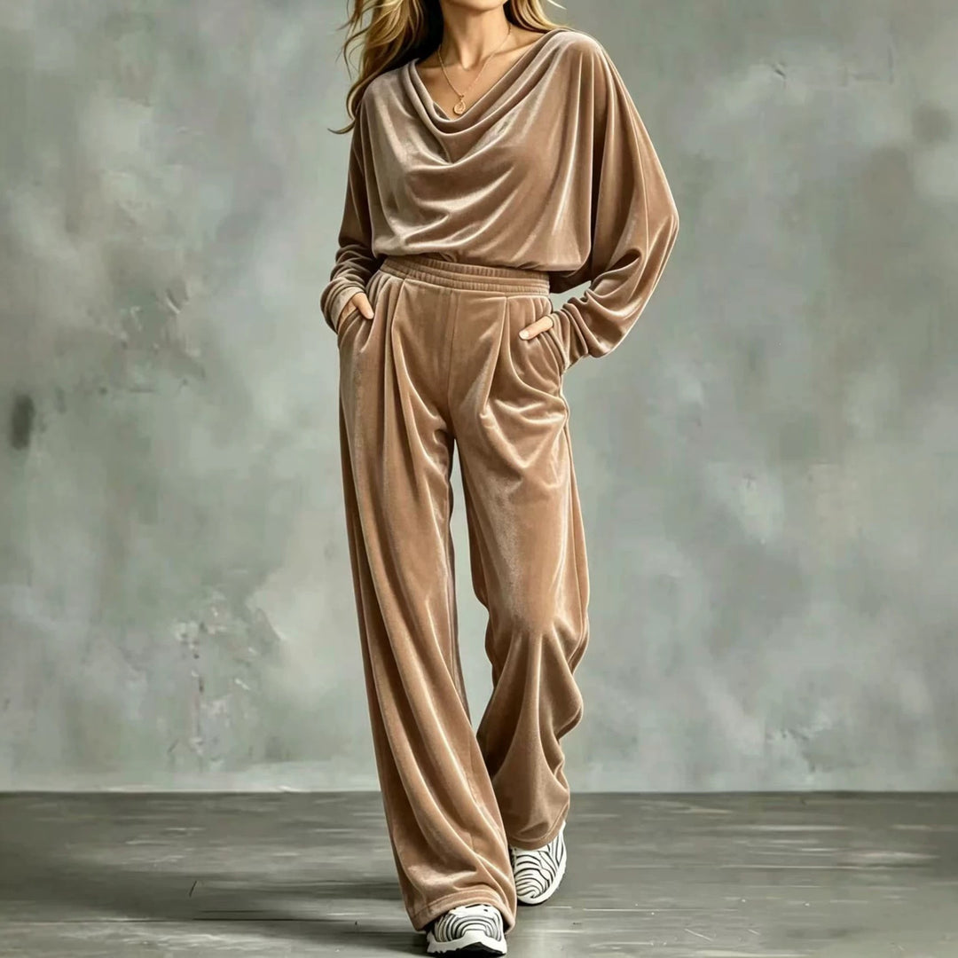 Women's Velvet Loungewear Set with Waterfall Collar, Wide Palazzo Cut and Insert Pockets Mune Fashion