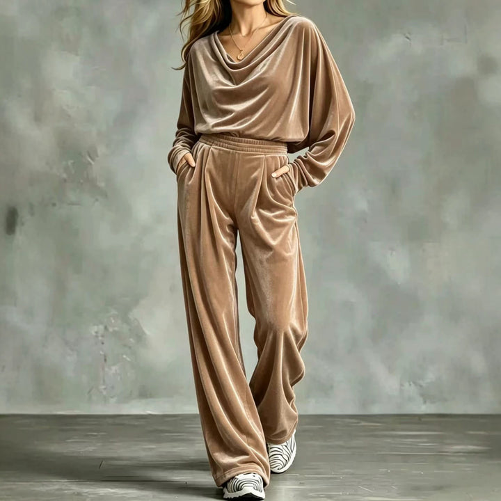 Women's Velvet Loungewear Set with Waterfall Collar, Wide Palazzo Cut and Insert Pockets Mune Fashion