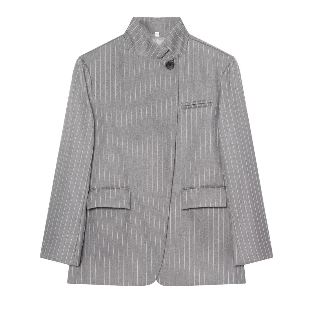 Women Checked Long Blazer with Stand Collar, Concealed Button Placket and Flap Pockets Mune Fashion