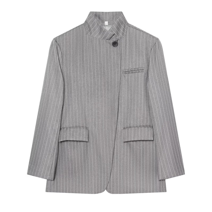 Women Checked Long Blazer with Stand Collar, Concealed Button Placket and Flap Pockets Mune Fashion