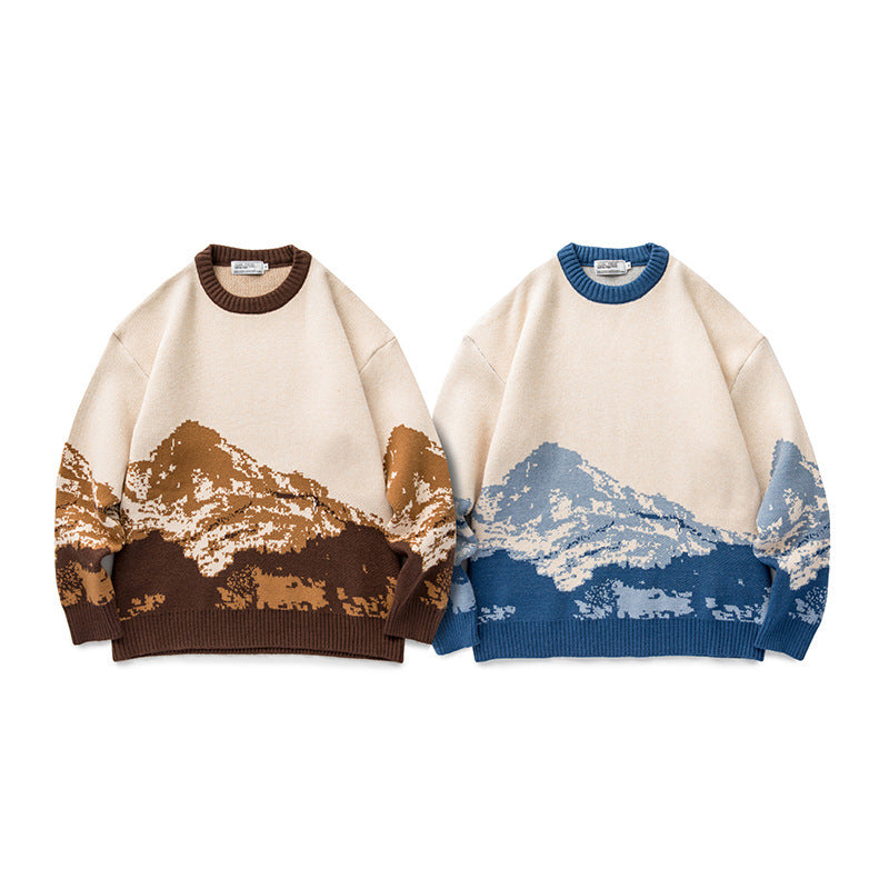 Unisex Oversized knit sweater with mountain jacquard and ribbed round neckline Mune Fashion