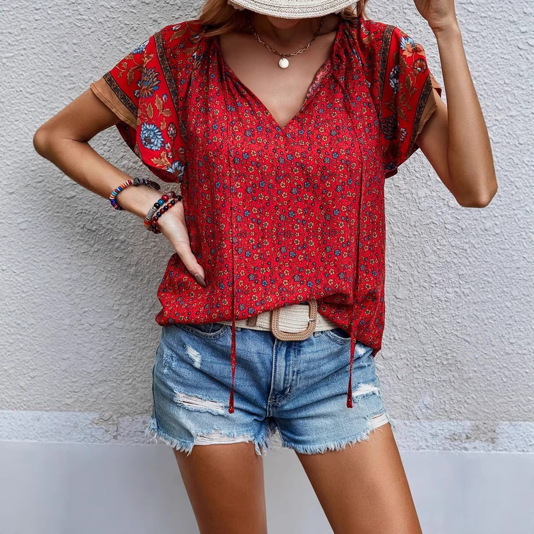 Women's Lightweight Blouse Shirt with V-Neck, Short Kimono Sleeves and Floral Allover Pattern Mune Fashion