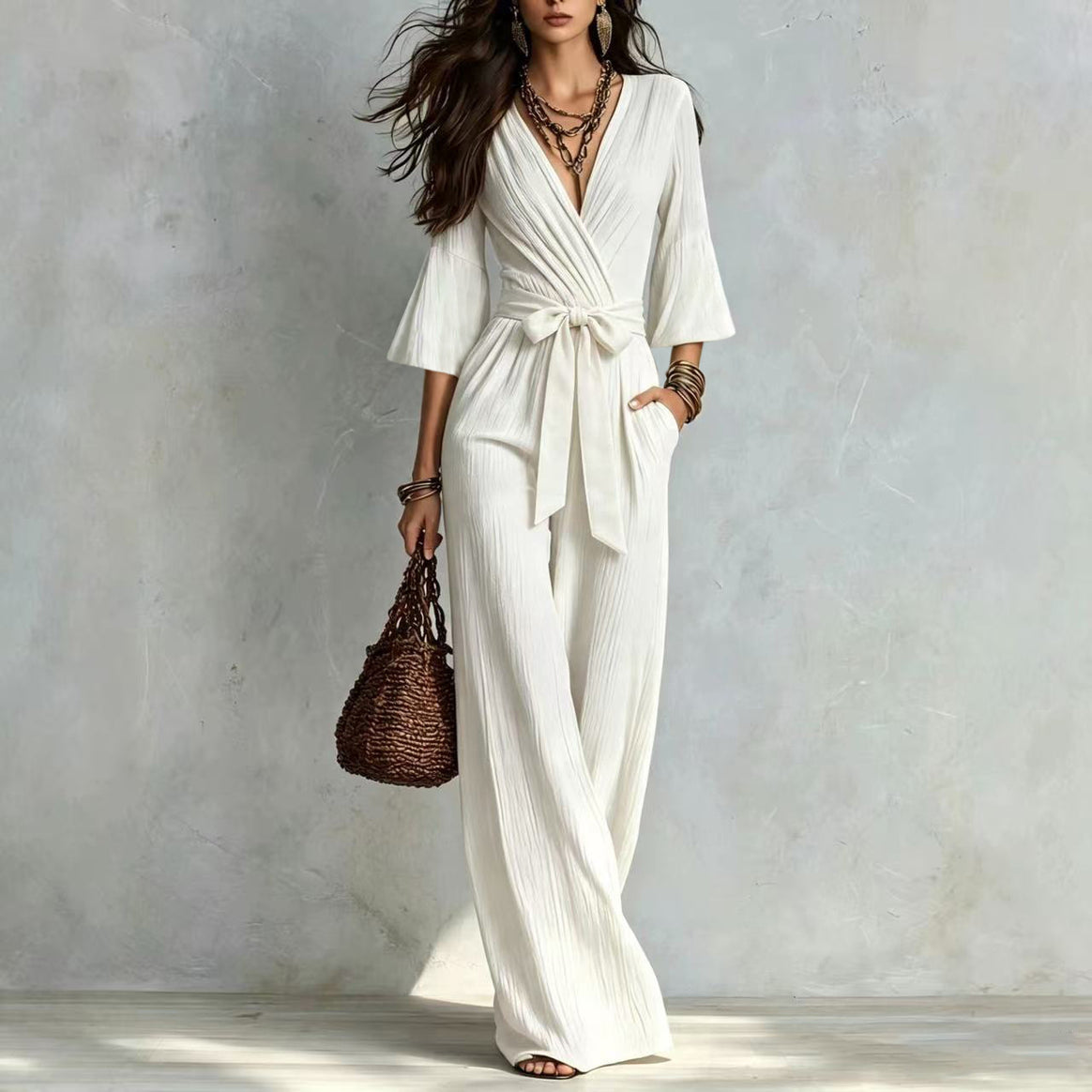 Women's Jumpsuit Wrap Look with Wide Leg, Waist Belt and Bell Sleeves Mune Fashion