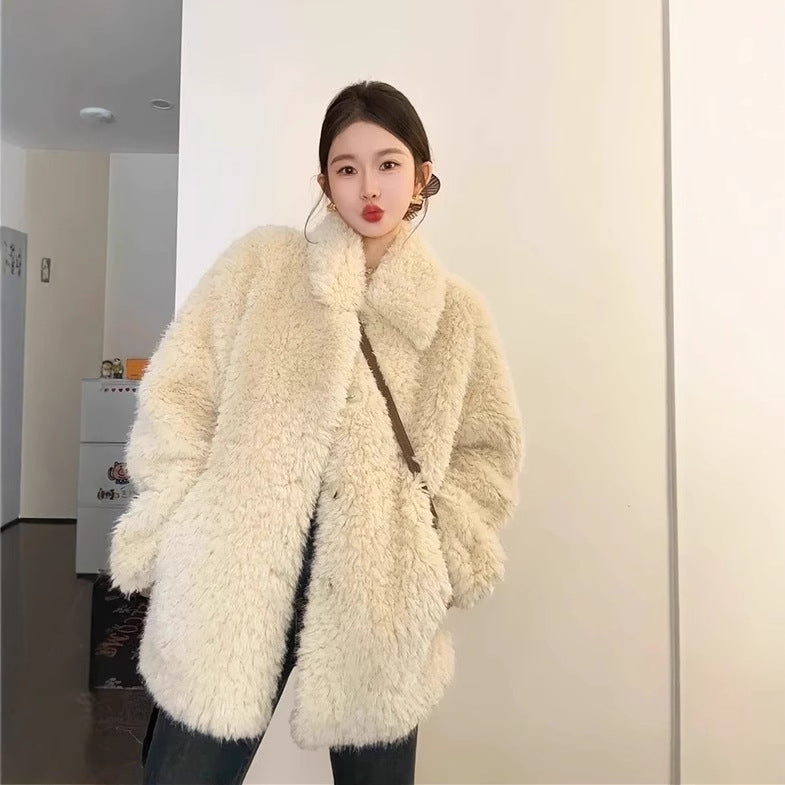 Women Oversize Teddy Fur Coat with Shawl Collar and Concealed Button Placket Mune Fashion