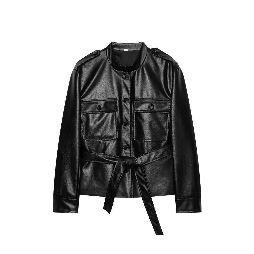 Women Cropped Safari Jacket made of vegan leather with tying belt and epaulettes Mune Fashion