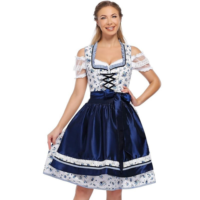 Ladies traditional dirndl dress with lacing, floral cotton quality and bow apron Mune Fashion