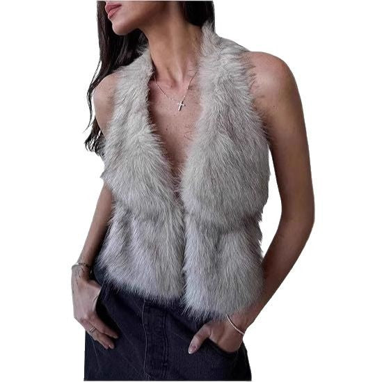 Women's Sleeveless Cropped Faux Fur Set with Mini Skirt and Fluffy Cuffs Mune Fashion