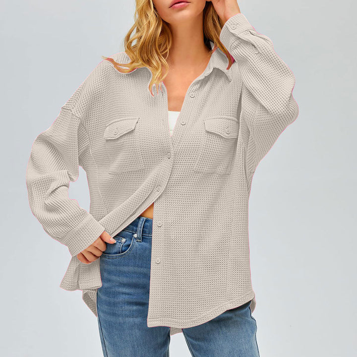 Women's oversized waffle knit shirt jacket with chest pockets and button placket Mune Fashion
