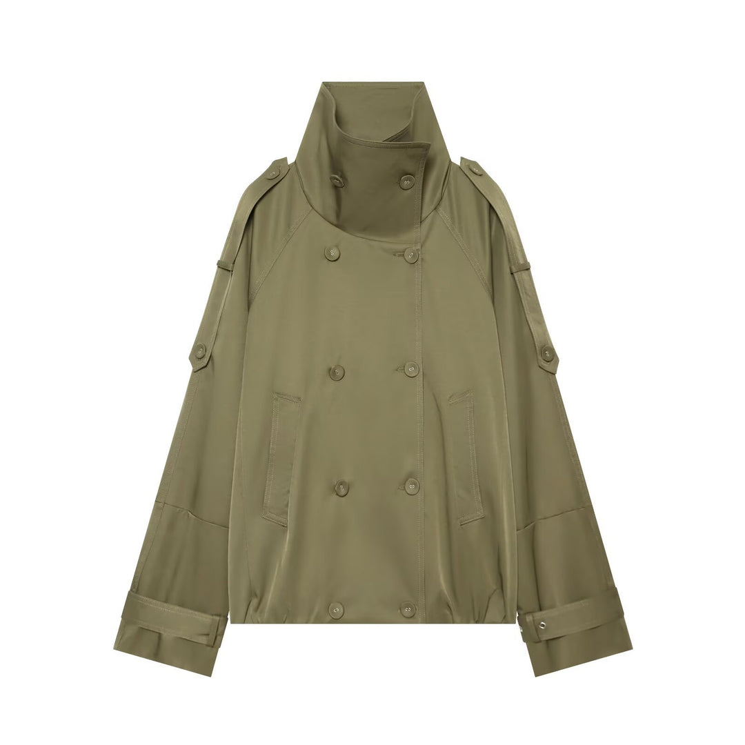 Women's Short Cut Double Breasted Trench Coat with High Stand Collar and Cape Sleeves Mune Fashion