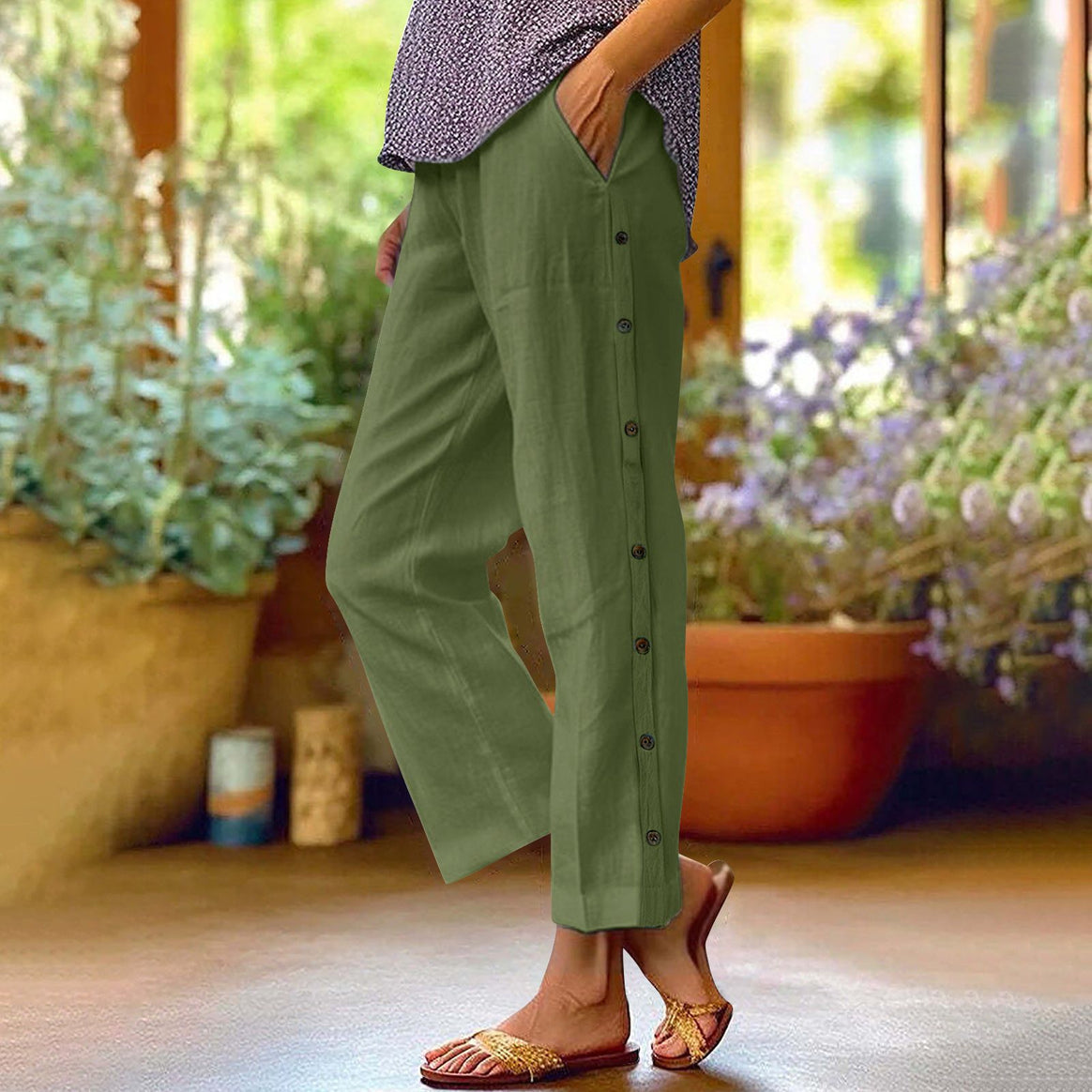 Ladies Light Relaxed Pants with Side Button Placket and Insert Pockets Mune Fashion