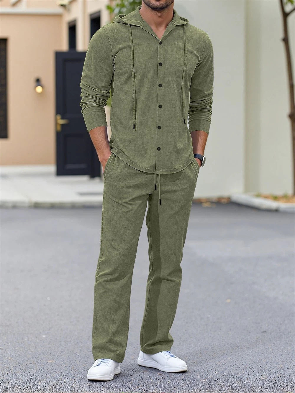 Men's casual two-piece lounge set with hoodie shirt, full button placket, and drawstring pants Mune Fashion