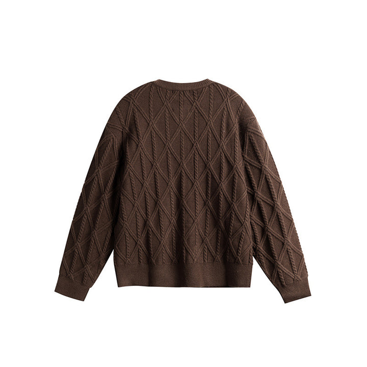 Ladies' knitted cardigan in boxy cut with textured diamond pattern, round neck and continuous button placket Mune Fashion