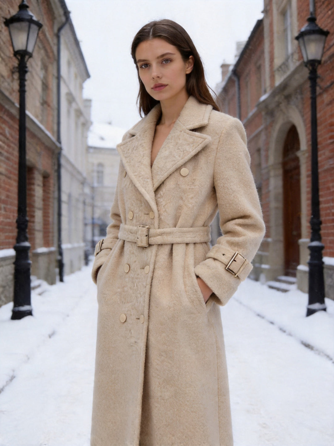 Women's Double-Breasted Teddy Coat with Tie Belt and Buckle Sleeves Mune Fashion