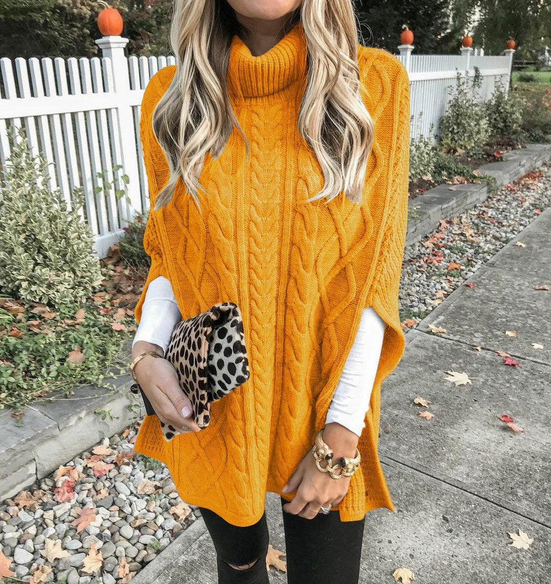 Women's Chunky Knit Poncho with High Collar and Cable Design Mune