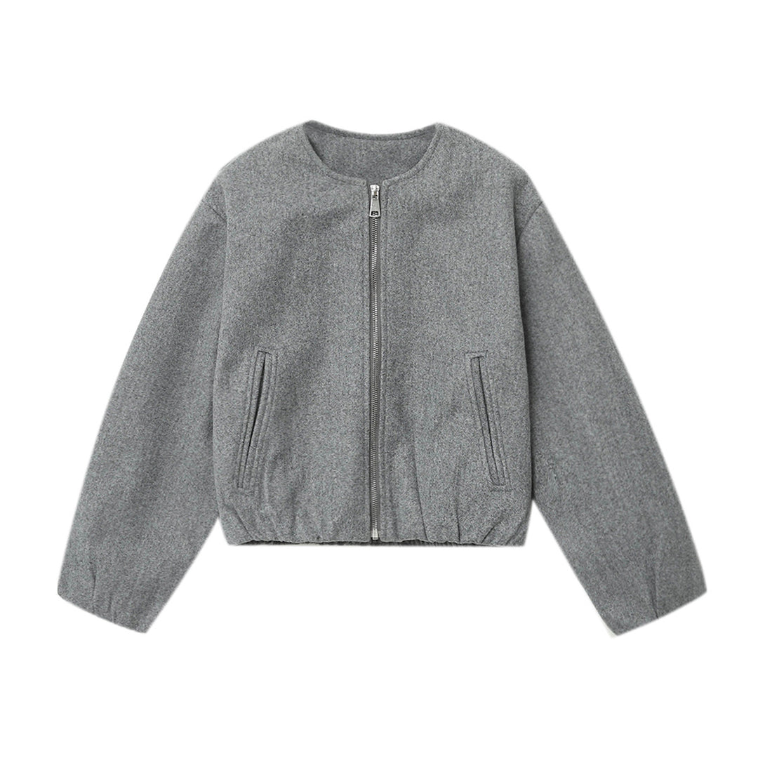 Women's short-cut wool look cropped jacket with round neck, full zip, elastic hem, and subtle side pockets Mune Fashion