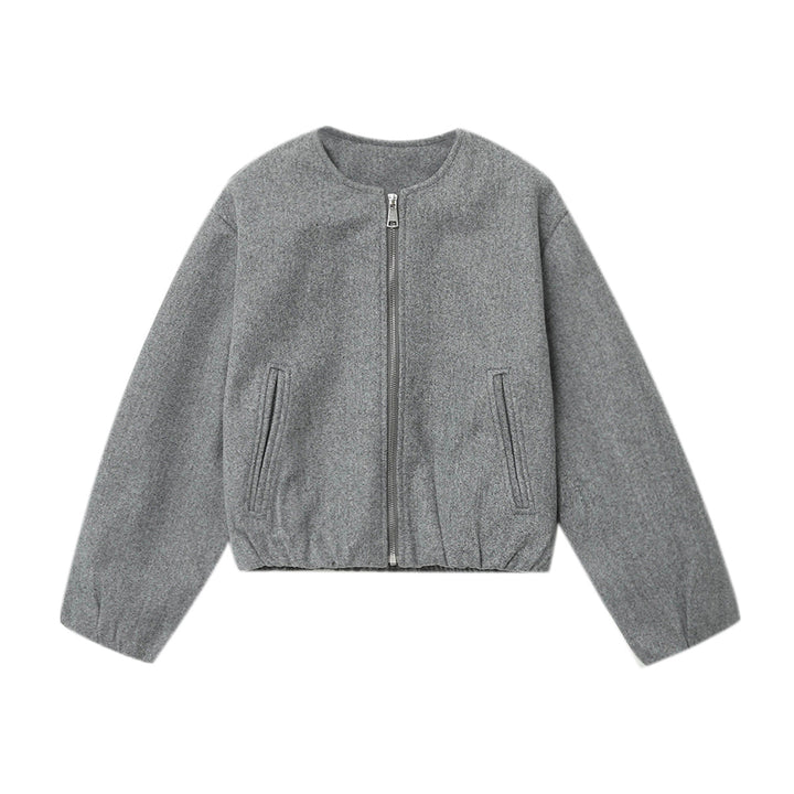Women's short-cut wool look cropped jacket with round neck, full zip, elastic hem, and subtle side pockets Mune Fashion