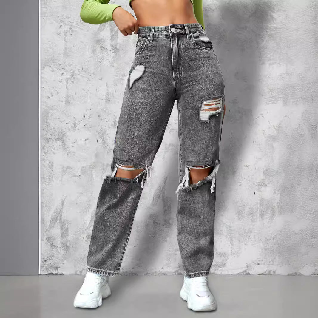 Ladies High-Waist Ripped Straight-Leg Jeans with Knee Cutouts and Used Wash Mune Fashion