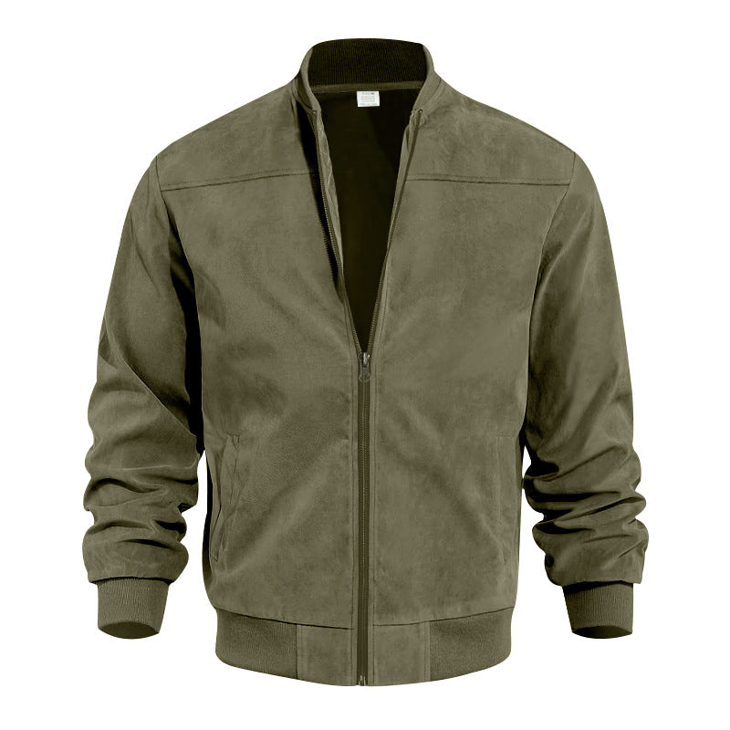 Men's faux suede bomber jacket with stand-up collar, ribbed cuffs, and side pockets Mune Fashion