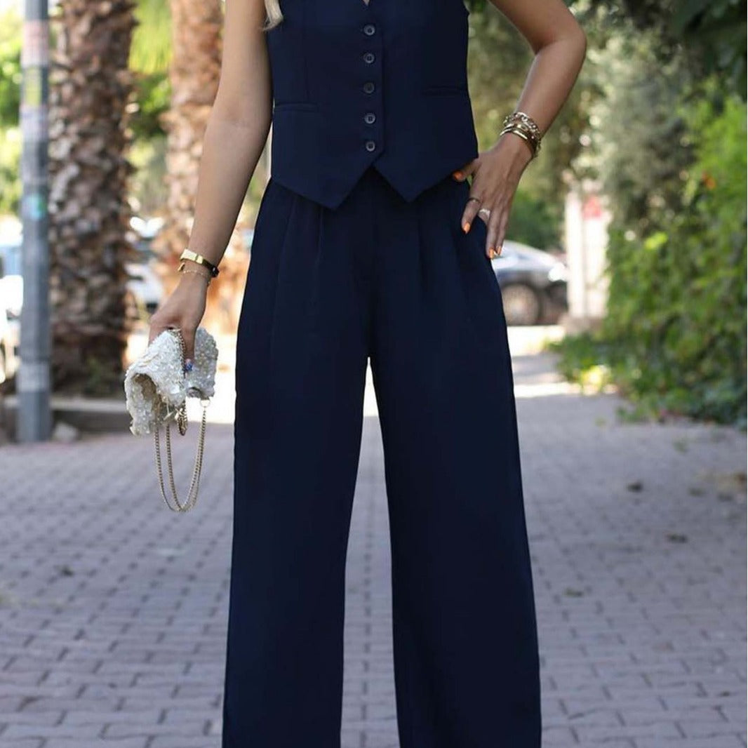 Ladies Elegant Two-Piece with Fitted Vest and Wide Palazzo Pants Mune Fashion
