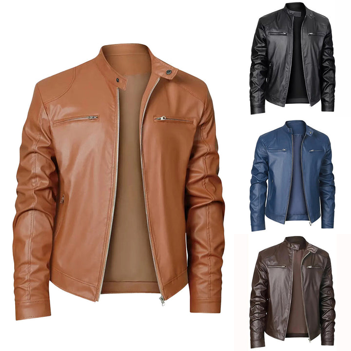 Men's slim faux leather biker jacket with stand-up collar, full zip and two chest pockets Mune Fashion