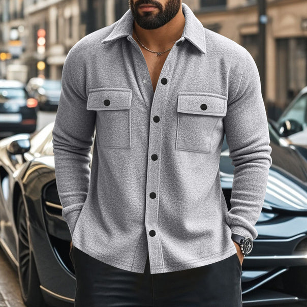 Men's fashionable overshirt jacket in felt look with patch breast pockets and visible snap button placket Mune Fashion