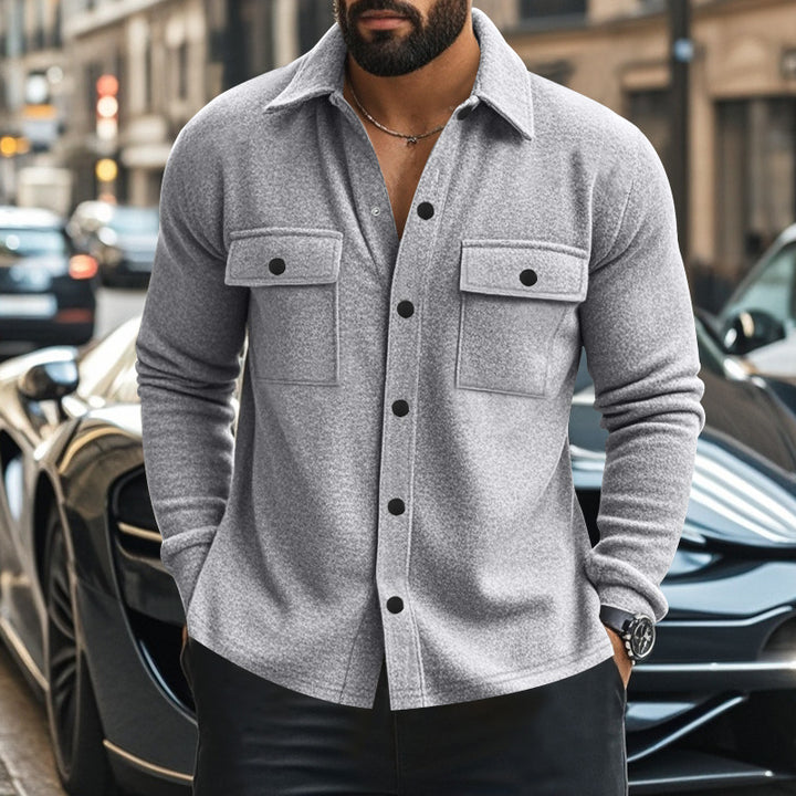 Men's fashionable overshirt jacket in felt look with patch breast pockets and visible snap button placket Mune Fashion