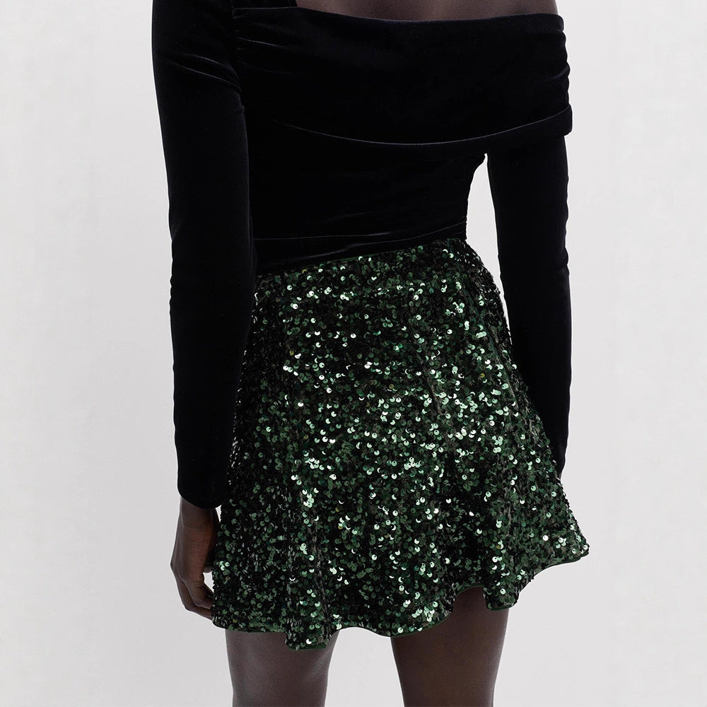 Women's sequin mini skirt with tailored silhouette & light A-line cut Mune Fashion