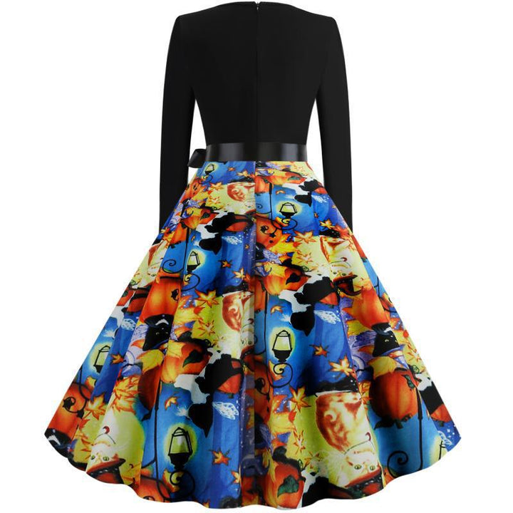 Women's Retro Swing Dress with Wavy Neckline, Long Sleeves, and Halloween Print Flared Skirt Mune Fashion