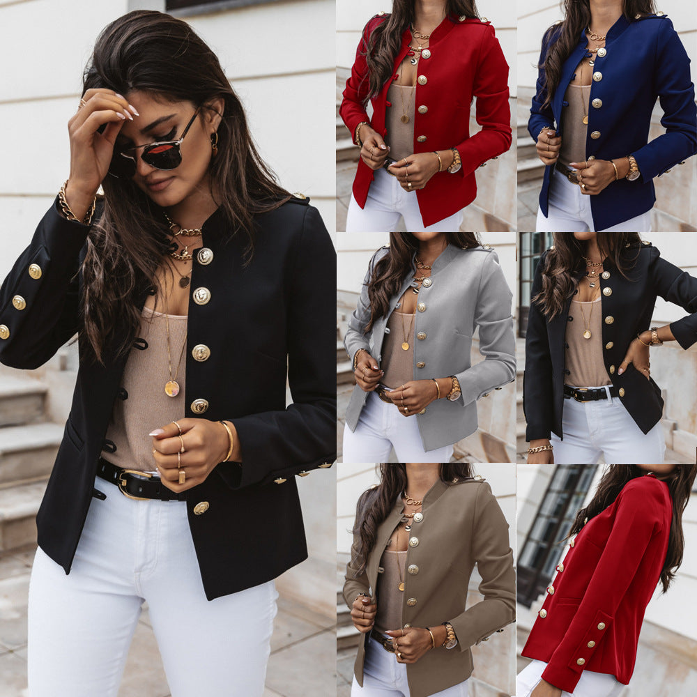 Women's military blazer with stand-up collar and decorative gold buttons Mune Fashion