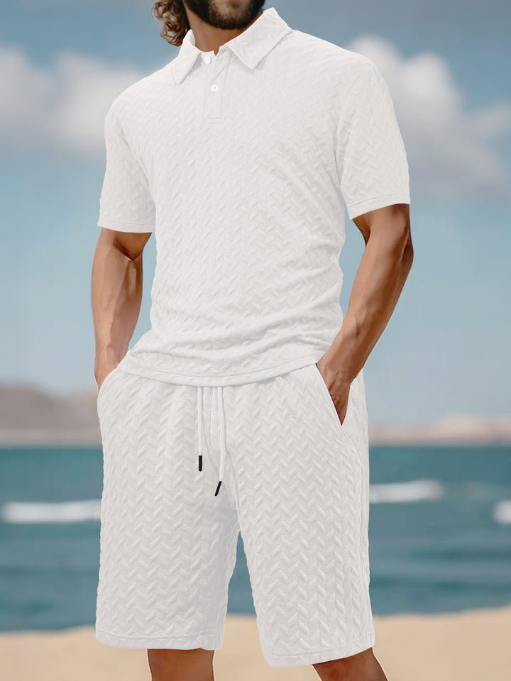 Men's embossed beach ensemble with open short sleeve shirt and cord Bermuda Mune Fashion