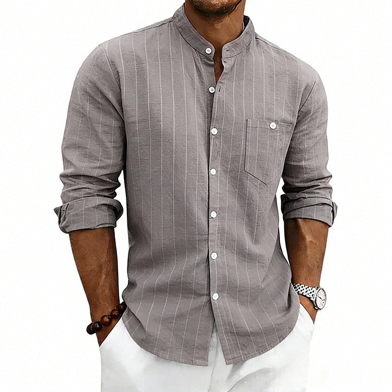 Men's breathable pinstripe long-sleeve shirt with stand collar, chest pocket, and rounded hem Mune Fashion