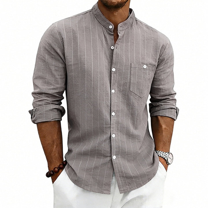 Men's breathable pinstripe long-sleeve shirt with stand collar, chest pocket, and rounded hem Mune Fashion