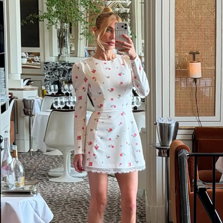 Women's Tailored Floral Mini Dress with Balloon Sleeves and Lace Trim Mune Fashion