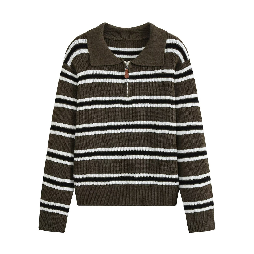 Women's Ribbed Stripe Sweater with Short Zipper and Polo Collar Drune