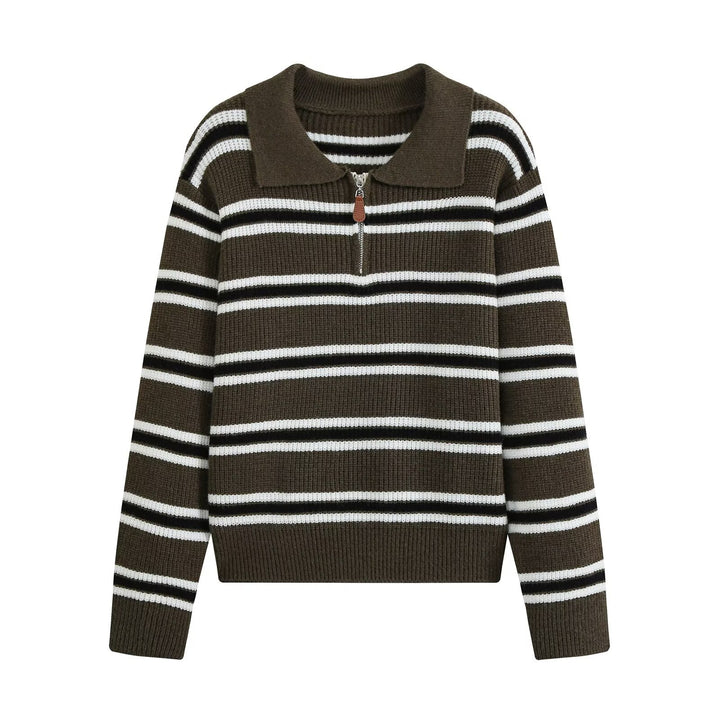 Women's Ribbed Stripe Sweater with Short Zipper and Polo Collar Drune