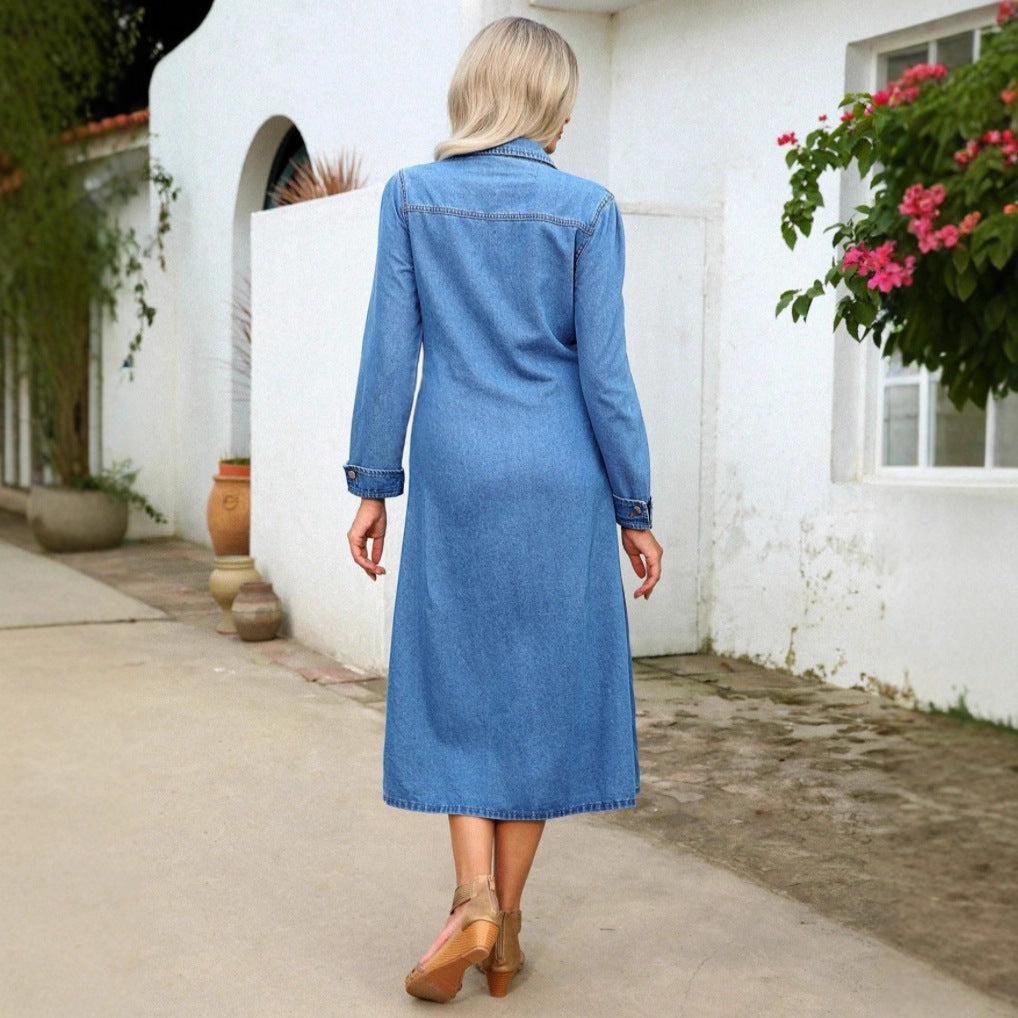 Women's denim midi dress with button placket, tailored fit and chest pockets Mune Fashion