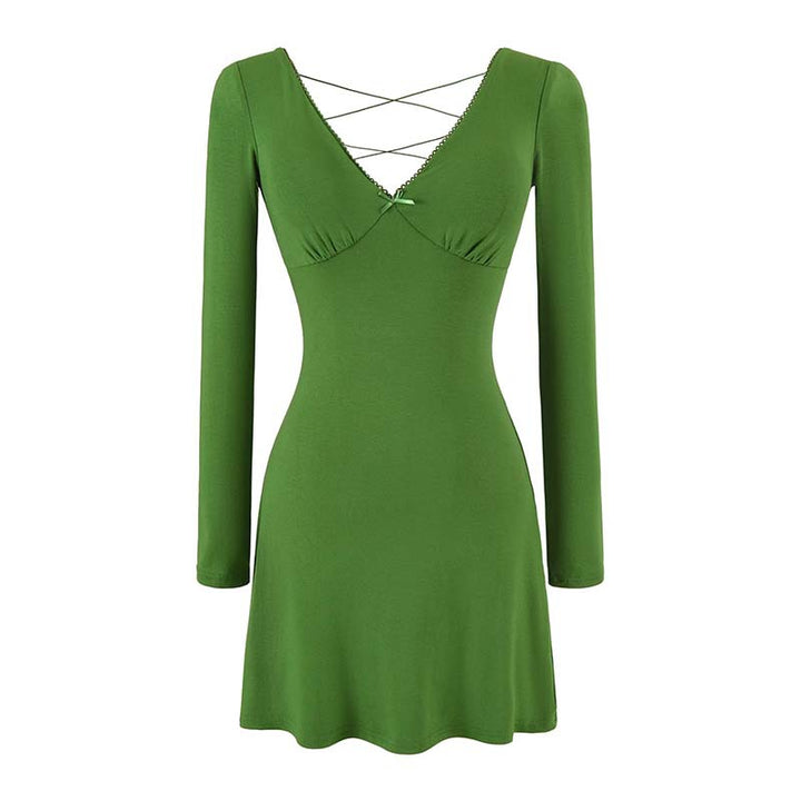 Ladies form-fitting mini dress with a deep V-neckline, gathered bust, and crossed back straps Mune Fashion