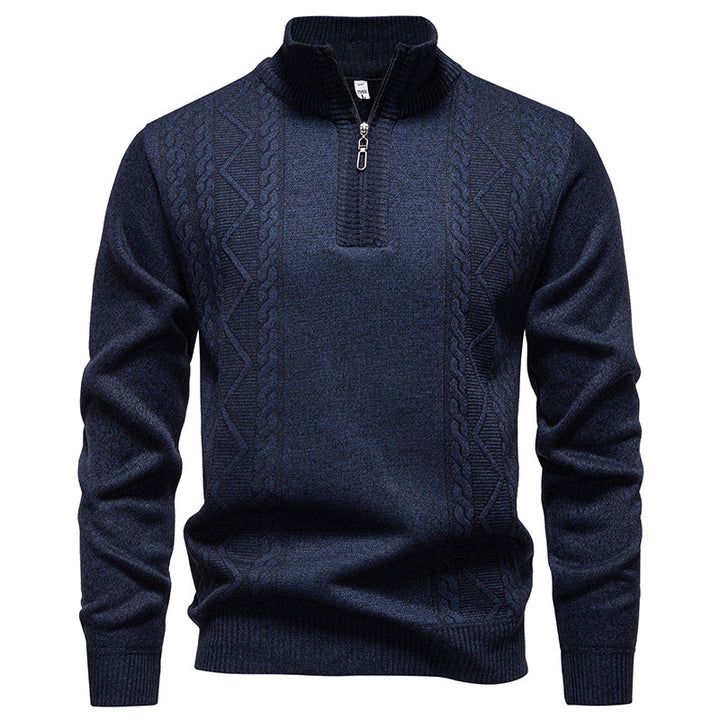 Men's premium knit pullover with half-zip, stand-up collar, and decorative cable pattern Mune Fashion