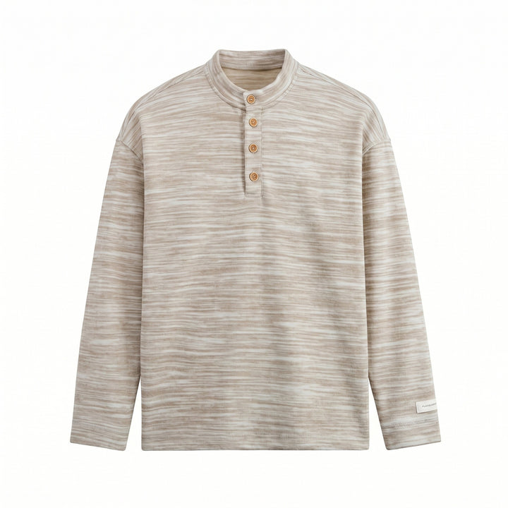 Men's Structured Henley Knit Sweater with Stand-Up Collar and Mélange Texture Mune Fashion